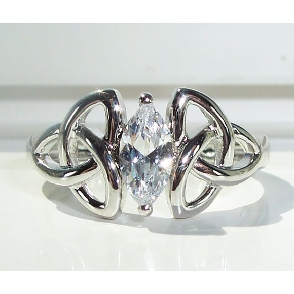 925 STERLING SILVER Dainty Celtic Triquetra Marquise Cubic Zirconia Ring - Picture 12 of 16
